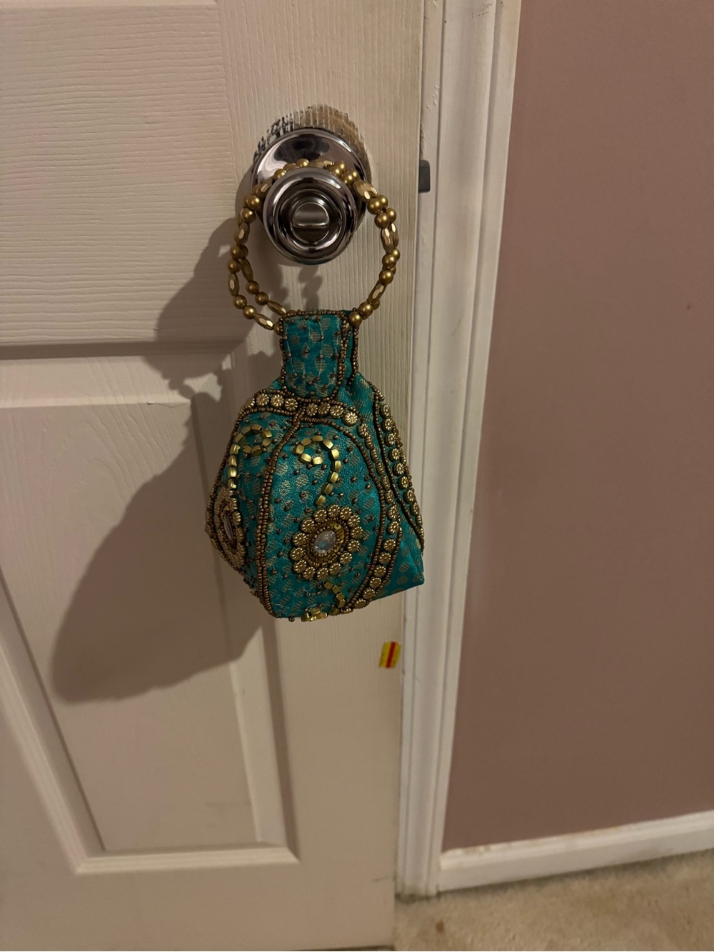 Teal Beaded Hanging Accent Pouch with Gold Embellishments
